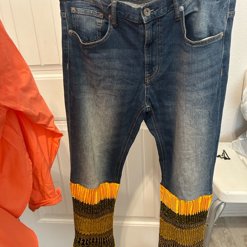 Blue and Yellow Flare Jeans with Knitted Cuffs
